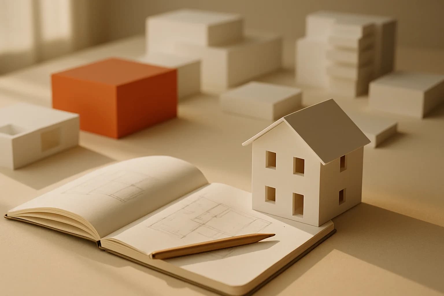 A notebook with a sketched floor plan beside a small white model house.