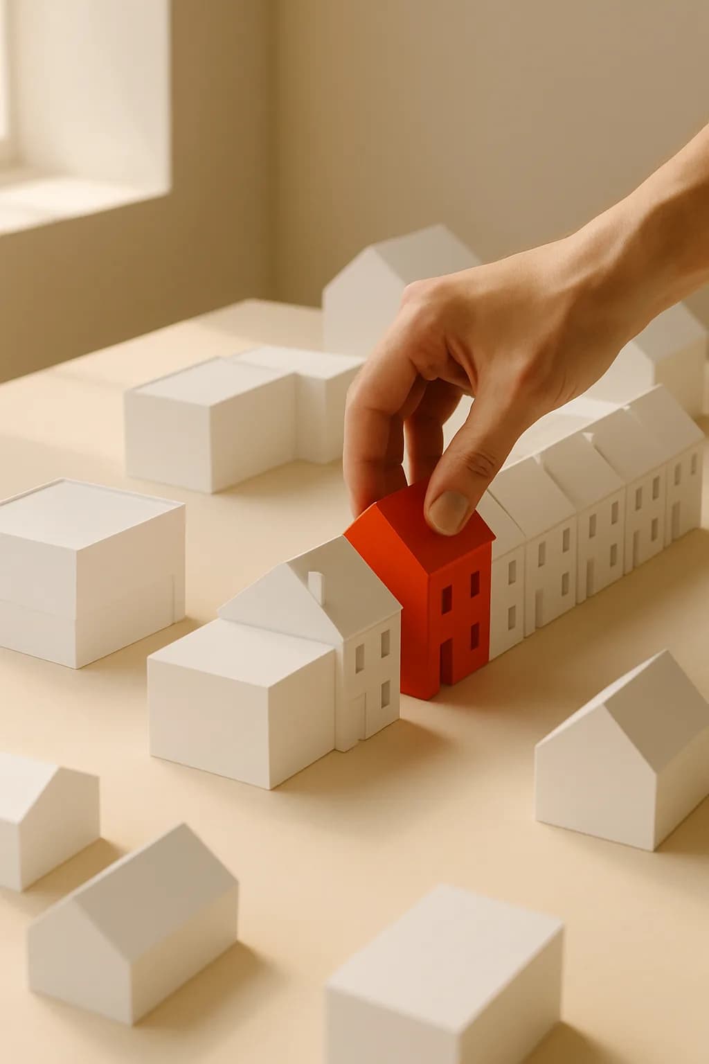 A hand placing an orange model house into a row of white model houses.
