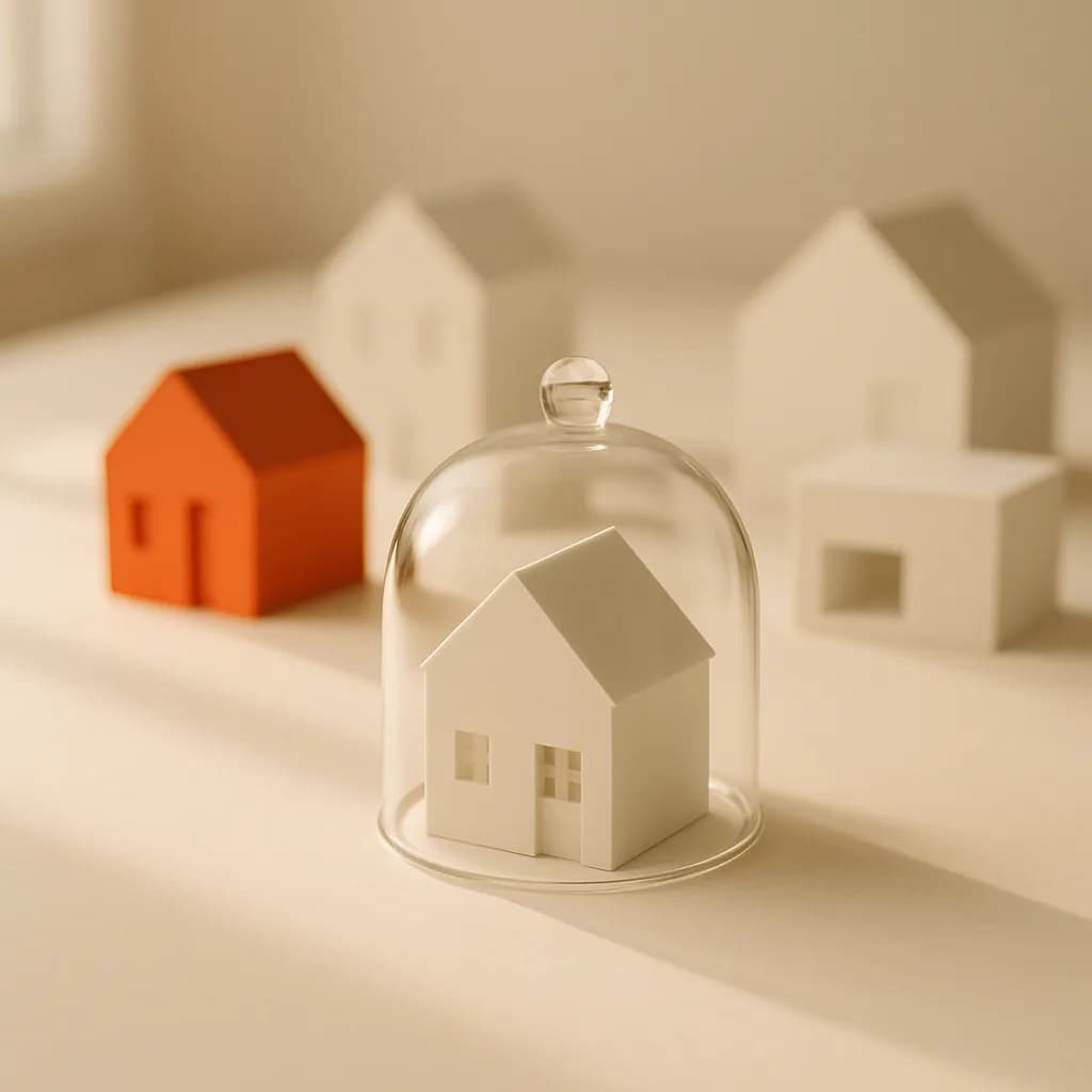 A model house under a glass dome, set apart from the houses around it.