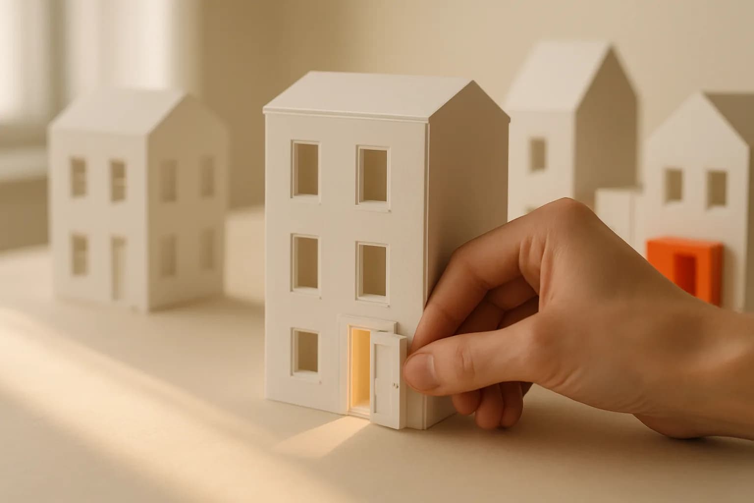 A hand opening the lit front door of a white model townhouse.